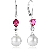EJARY Women Pearl Dangle Drop Earrings with Birthstone 925 Sterling Silver Leverback Earring with 10MM White Pearls