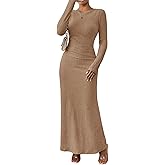 MITILLY Fall Dress for Women 2026 Long Sleeve Maxi Dress Formal Crew Neck Bodycon Ruched Cocktail Party Dresses