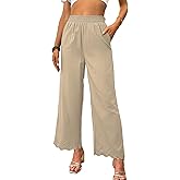 Dokotoo Casual Pants for Women High Waisted Elastic Wide Leg Pants Eyelet Lace Hem Trousers with Pockets