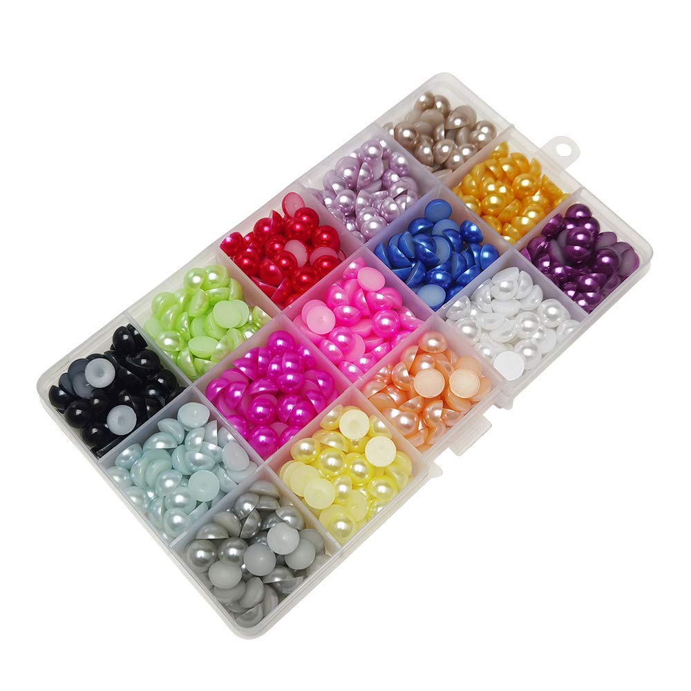 Chenkou Craft 750pcs Assorted 15 Colors 9mm Immitation Half Pearl Bead Flat Back Gem Scrapbook Craft DIY Beads + Plastic Box (Mix, 9mm)