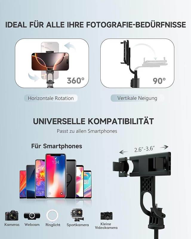 180cm Handy Stativ & Selfie Stick, Aluminium Integriertes Ausziehbares Stativ für Smartphone, Tragbarer Reisestativ-Ständer mit drahtloser Fernbedienung für iPhone/Samsung/Android/Kamera
