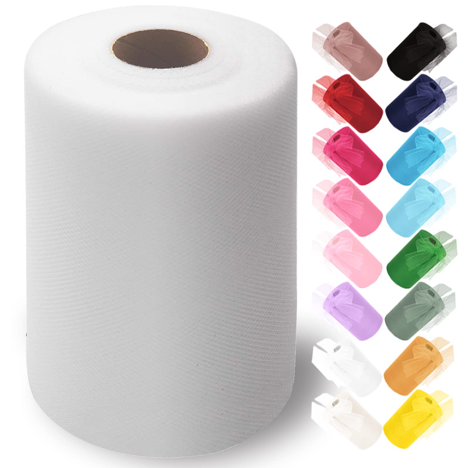 Ableme Deco Tulle Fabric Roll 6 Inches x 100 Yards (15cm x 91m) Tulle for Tutu Dress Pom Poms Gift Wrapping Baby Shower Wedding (White)