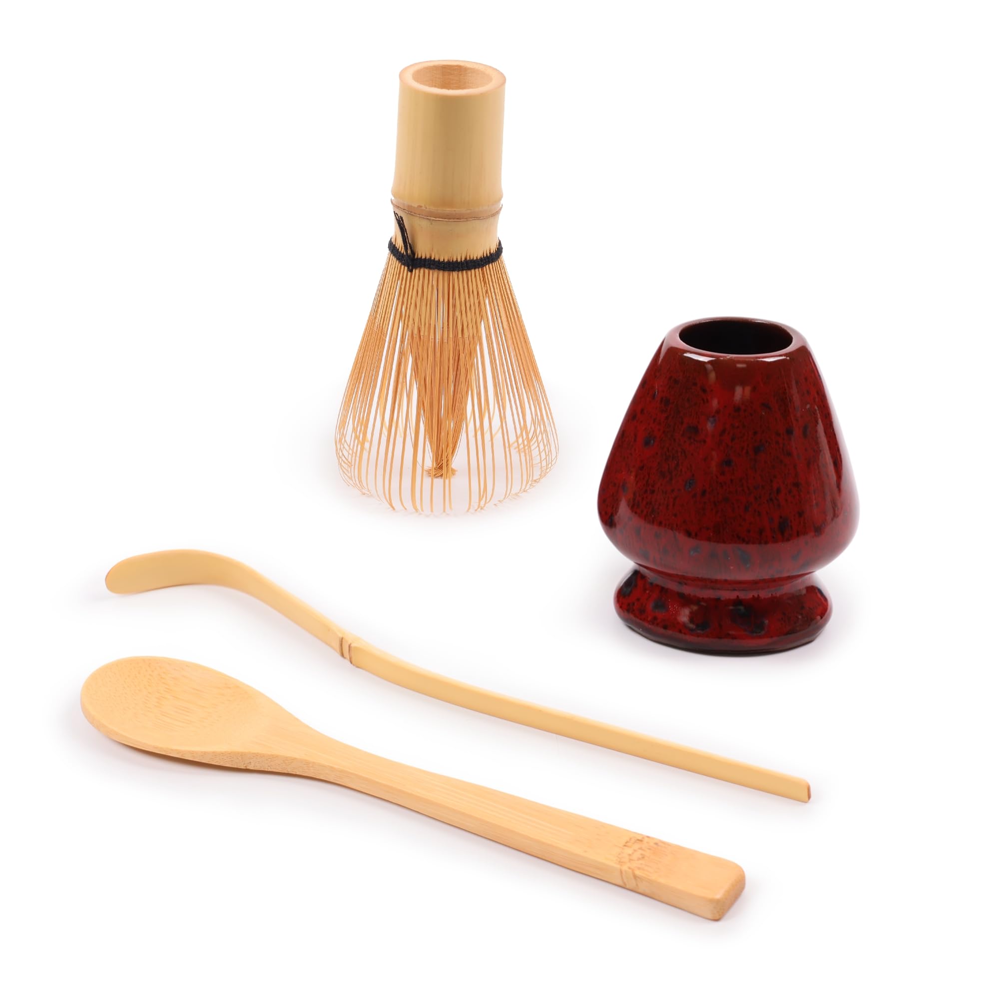 BambooMN Brand - Matcha Green Tea Whisk Set - Whisk + Scoop + Tea Spoon + Deep Red w/Black Whisk Holder