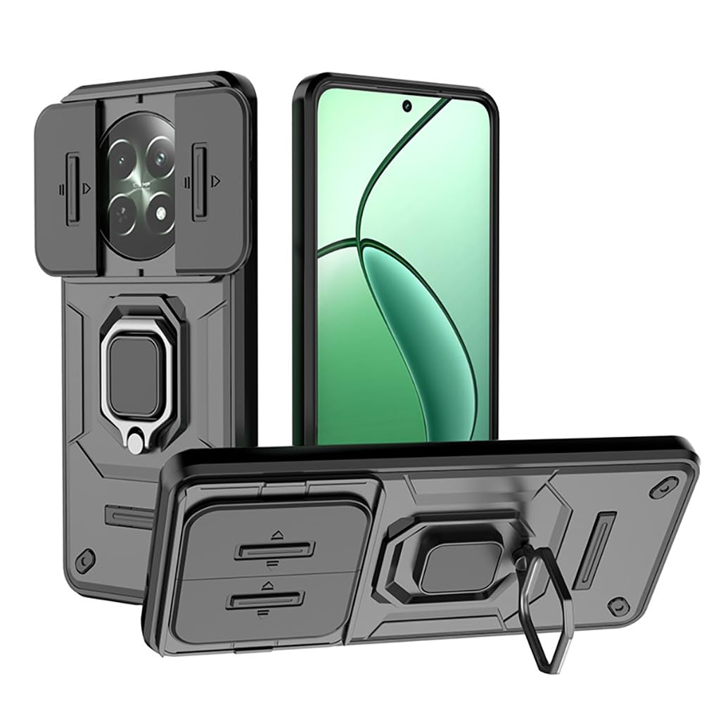 SEAHAI Case for Realme 12X 5G / Realme 12 5G, Ultra-thin Protective Silicone TPU Shockproof Hybrid Hard PC Back Phone Cover, with Slide Camera Cover and Ring Kickstand - Black