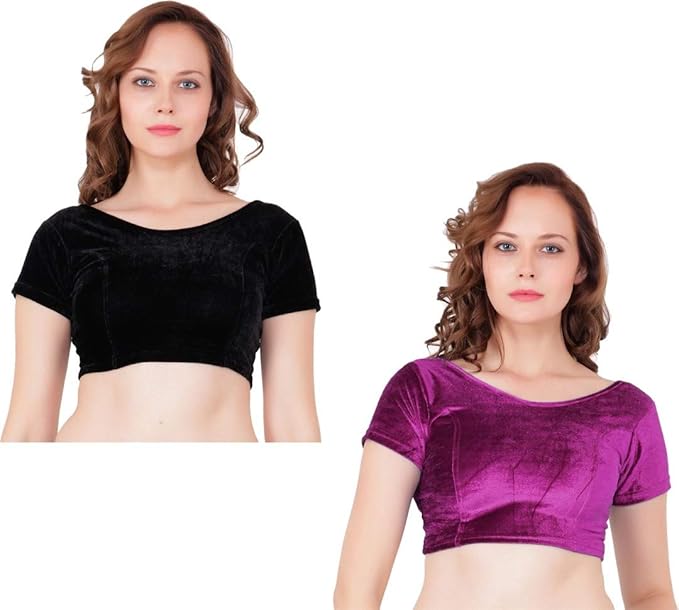 Velvet Women's Readymade Saree Blouse Pack of 2 Blouses(Purple & Black)
