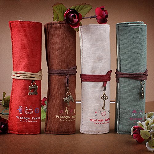 Sealike 4 Pcs Vintage Cartoon Roll up Canvas Pen Bag Pencil Case Pen Holder Cosmetic Bag Pouch Bag for Women Teen Girls with Stylus - Thumbnail 4