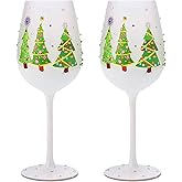 Winter Tree Design Stemmed Wine Glasses Set of 2, 17.5oz Elegant Red Green Yellow Silver Drinkware, Decorative Glassware for Party Wedding Entertaining Table Display