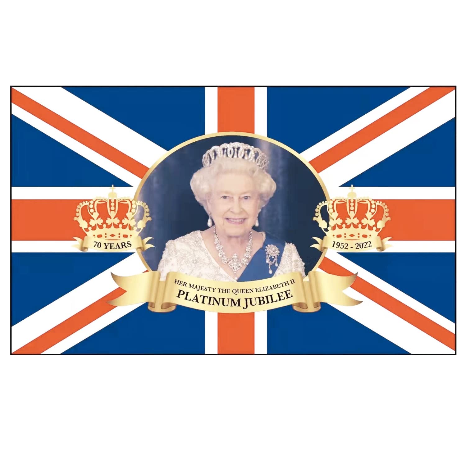 Queen Platinum Jubilee Decorations 2022, Union Jack Flag Featuring Her Majesty the Queen, 5Ft * 3Ft Jubilee Bunting Platinum, The Queen 70 Glorious Years Jubilee Flag Decor, Double Side Printed