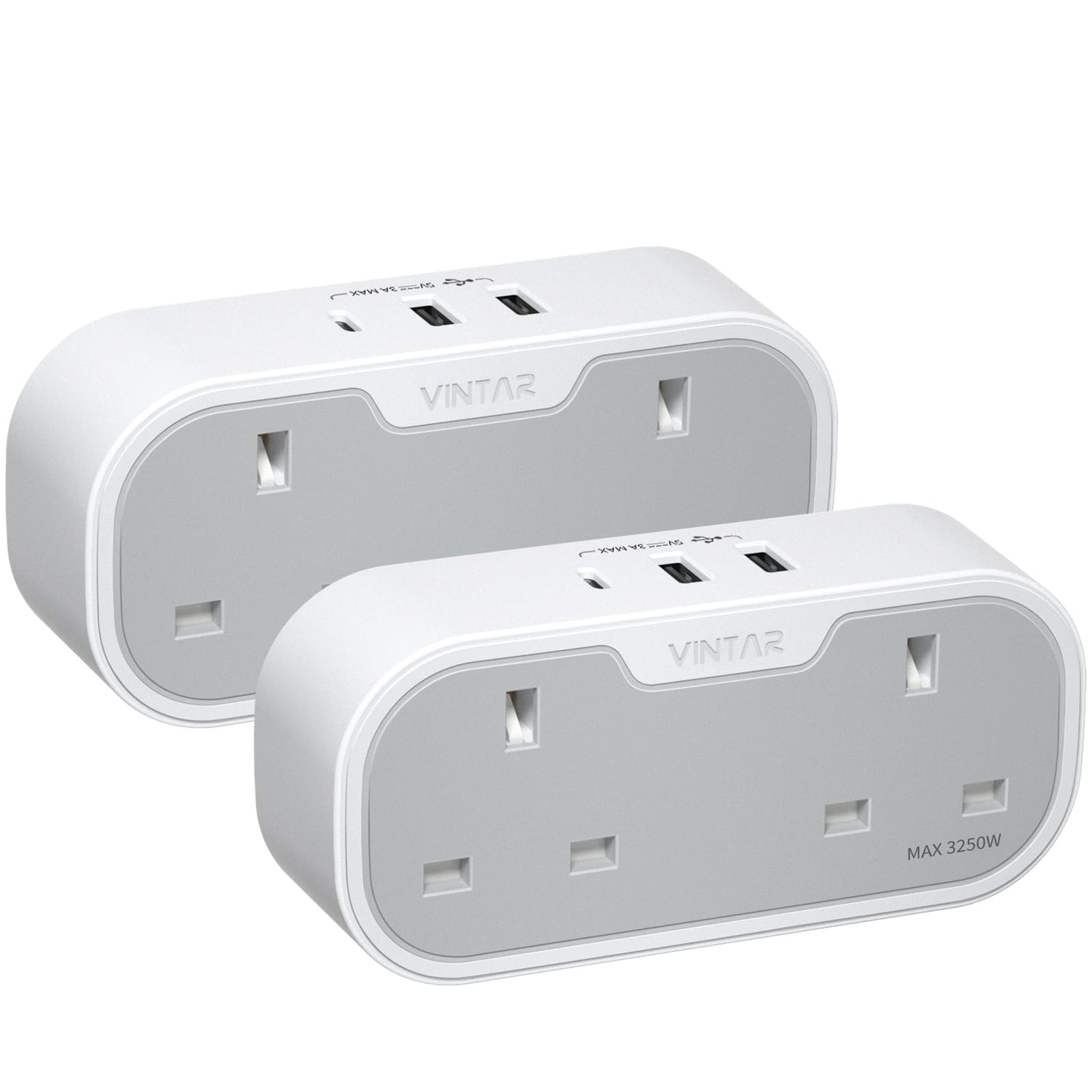 VINTAR Double Plug Adaptor, Multi Plug Extension Socket with 2 USB 1 USB C Ports, 2 Way Plug Adapter UK, 13A UK 3 Pin Wall Multiplug Extender for Bedroom, Office, Kitchen, 2 pack