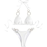 WDIRARA Women's Ring Halter Bikini Swimsuit 2 Piece Tie Back Bathing Suit