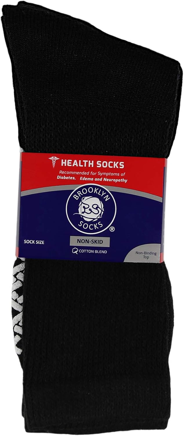 3 Pairs of Non-Skid Diabetic Crew Socks, Non Binding Top Therapeutic Cotton Gripper Socks (Black, Size: 10-13): Health & Personal Care