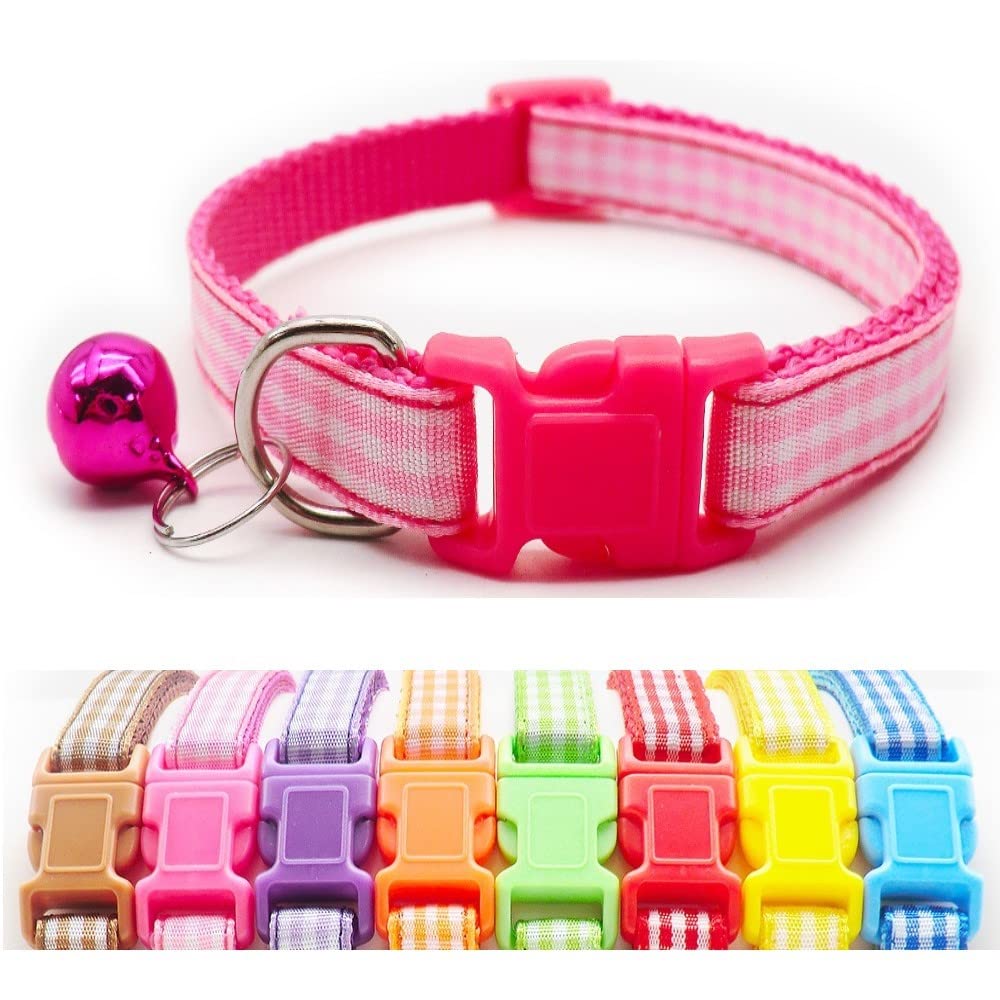 Small Dog Puppy Pet Collar Check Checkered Design with Bell Nylon Adjustable Size 19-32cm Pink