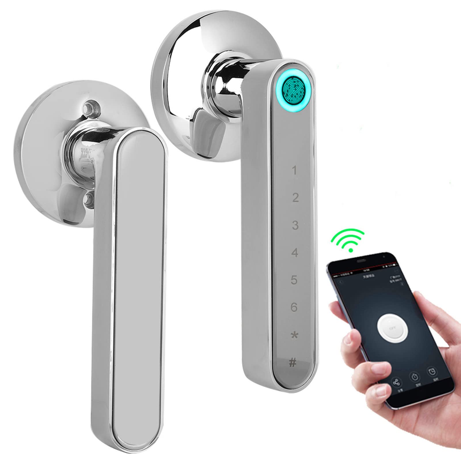 Keyless Entry Door Lock, Smart Biometric Fingerprint Door Lock, Secure Front Door Handle with Fingerprint App (Silver)