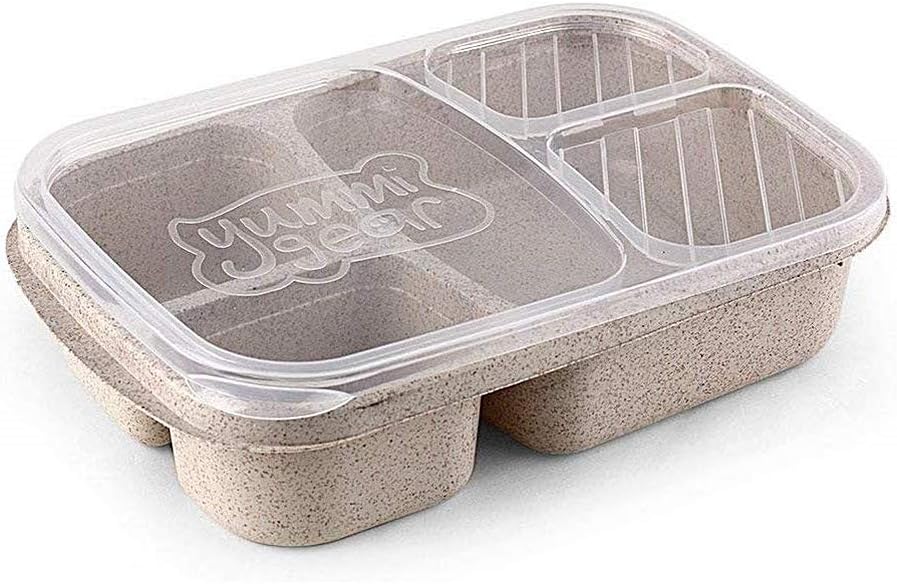 New Product 3 Grids Lunch Box Wheat Straw Food Storage Container Children Kids School Office Portable Microwave Bento Box Dinnerware (Beige)