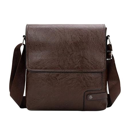 Powlance Solid Color Men Messenger Bags Retro Leather Crossbody Shoulder Bag (Brown)