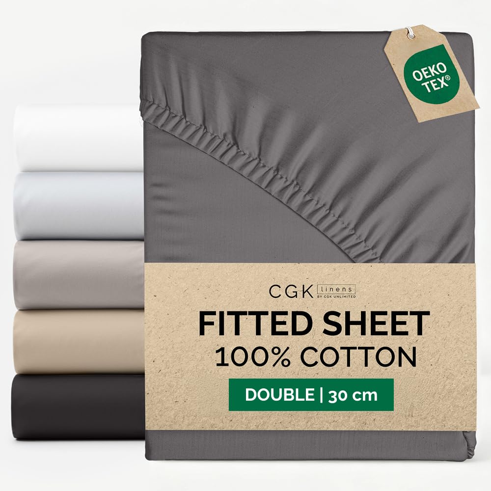 Double Fitted Sheet 135x190 cm - 100% Cotton Sateen 400 Thread Count - Deep Fitted Sheet for Mattresses up to 30 cm (12")- Soft, Breathable & Wrinkle Free - Hotel Quality - OEKO-TEX - Dark Grey