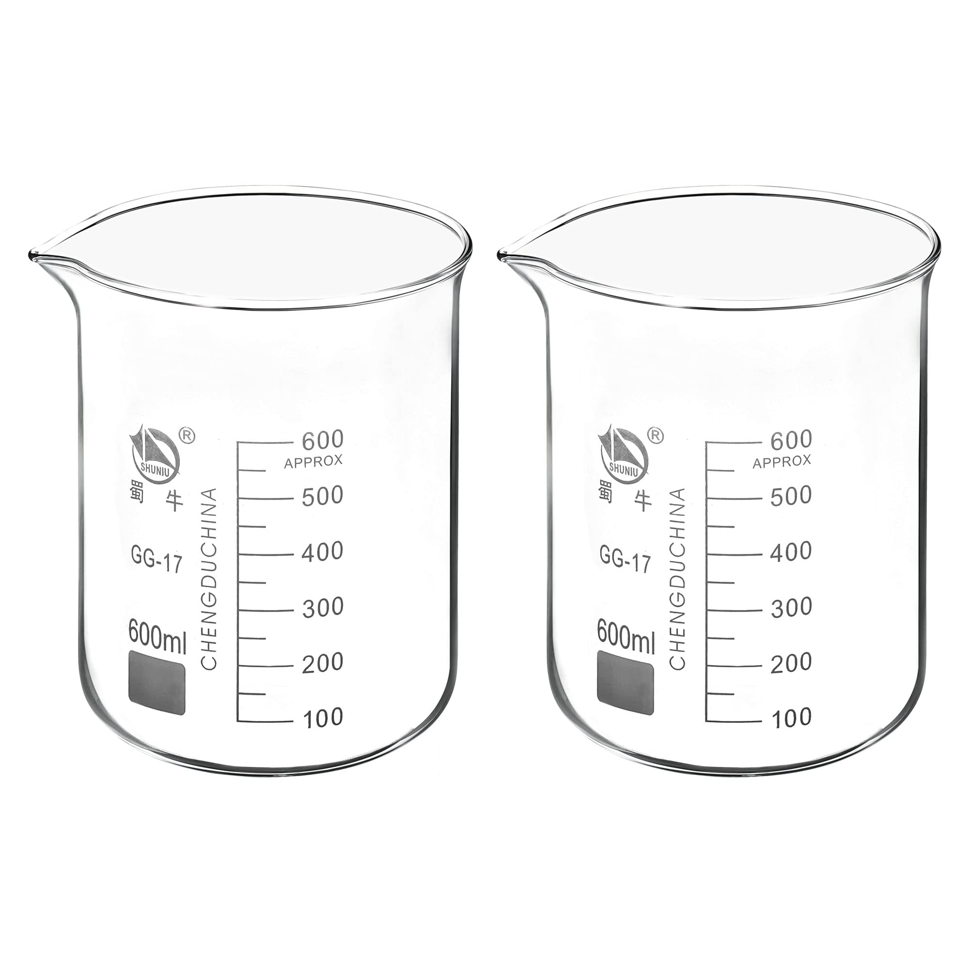 PATIKIL 600ml Low Form Glass Beaker, 2 Pack 3.3 Borosilicate Glass Graduated Printed Scale Measuring Cups with Spout for Kitchen Lab Liquids Transit Boiling