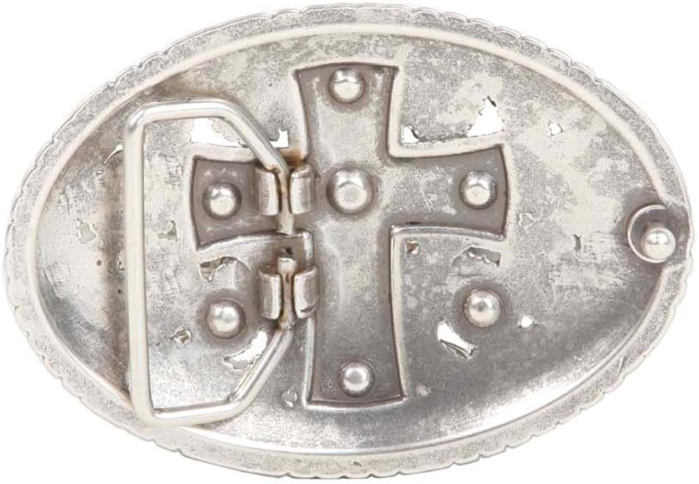 Perforated Oval Rhinestone Religious Cross & Flower Engraving Belt Buckle: Clothing