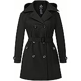 wantdo Women's Plus Size Trench Coat Double-Breasted Waterproof Lapel Overcoat Stylish Pea Coat with Detachable Hood