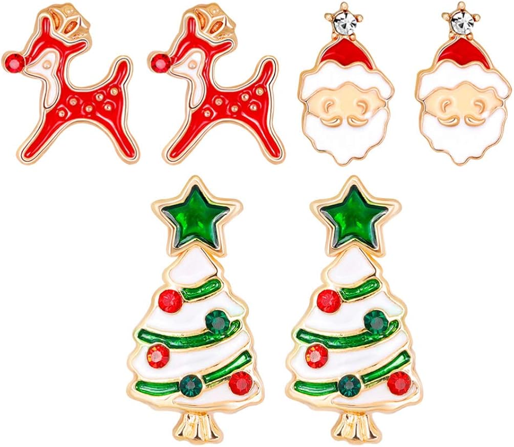 EXCEART 3 Pairs Christmas Earring Stud Set Cartoon Apple Xmas Tree and Hat Cute Christmas