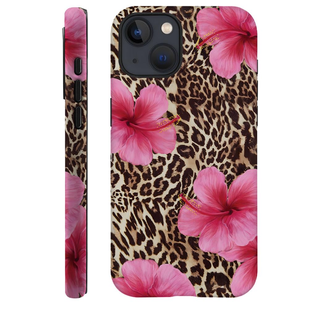 Case Compatible with iPhone 14,Scratch Resistant Hybrid 2-Layer Hard Shell Phone Case,Leopard Pink Hibiscus Tropical Floral