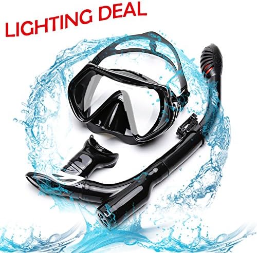 Diving Snorkel Set FYU with Diving Mask Tempered Glass, Dry Snorkel Set with Carry bag and Anti-Fog Lens for Adult Womens Mens(ALL BLACK, DOUBLE DRAINAGE)