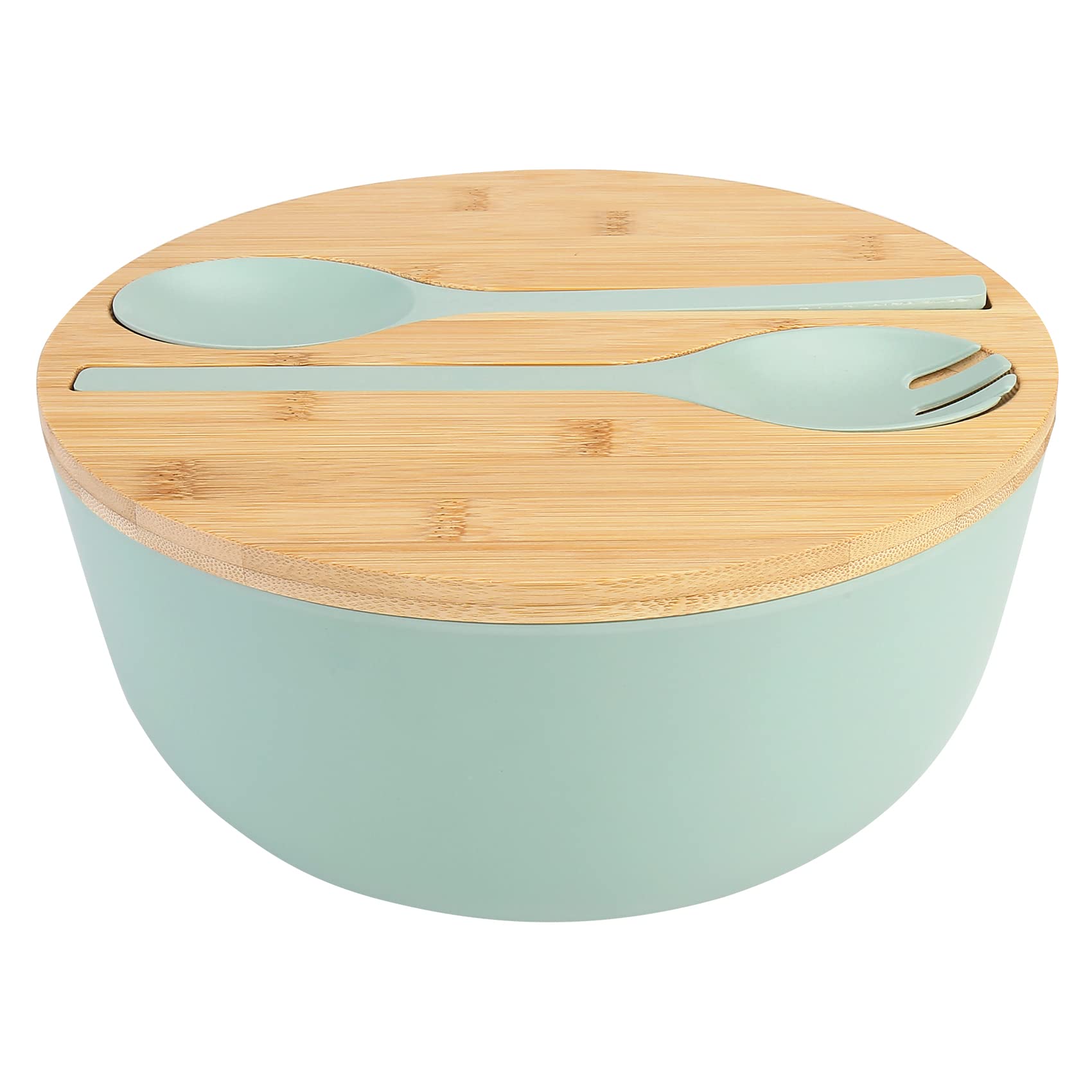 Photo 1 of ShineMe Large Salad Bowl with Lid, Salad Serving Bowl Set with Utensils, 9.8inches Mixing Bowl with Servers, Solid Bamboo Wooden Bowl for Salad, Fruits, Vegetables and Pasta(elegant green)