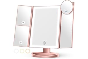 NIKKOMON Lighted Makeup Mirror with 3 Color Lighting, Mirror with Extra Round 10X Magnifying Mirror, 72 LED Vanity Mirror, 10x 3X 2X Magnification, Touch Control, Dual Power Supply, Gift for Woman(Rose Gold)