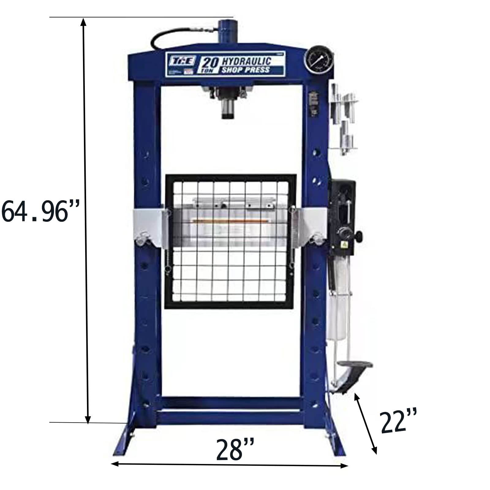TCE TCE20030 Torin Steel H-Frame Hydraulic Garage/Shop Floor Press with Hand and Foot Pump Pedal, 20 Ton (40,000 lb) Capacity, Blue