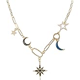 NALISASA Glod Plated Boho Paperclip Chain Charm Necklace for Women Handmade Evil Eye Sun Moon Star Flower Coin Safety Pin Necklace Celestial Jewelry