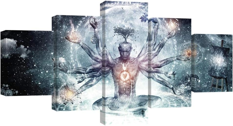 VIIVEI Buddha Psychedelic Trippy Wall Art Canvas Prints Art Home Decor for Living Room Pictures 5 Panel Large HD Printed Painting Framed Ready to Hang (70" Wx40 H, 1)