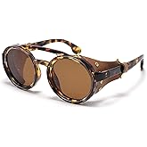 MUDIWRLO Polarized Round Steampunk Sunglasses with Leather Side Double Bridge Shield Retro Eyewear for Men Women