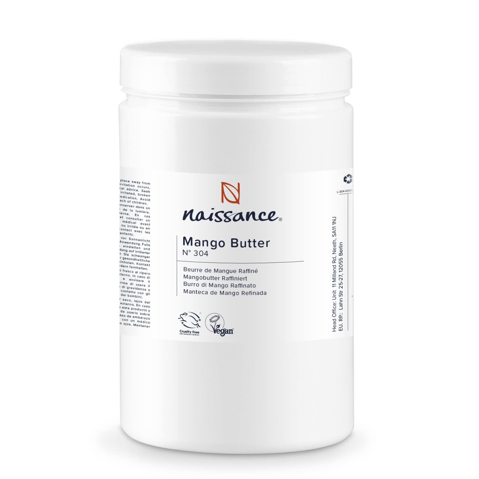 Naissance Refined Mango Butter (No. 304) - 1kg - Moisturising and Nourishing - for Aromatherapy, Skincare, Haircare, Massage and DIY Beauty Recipes