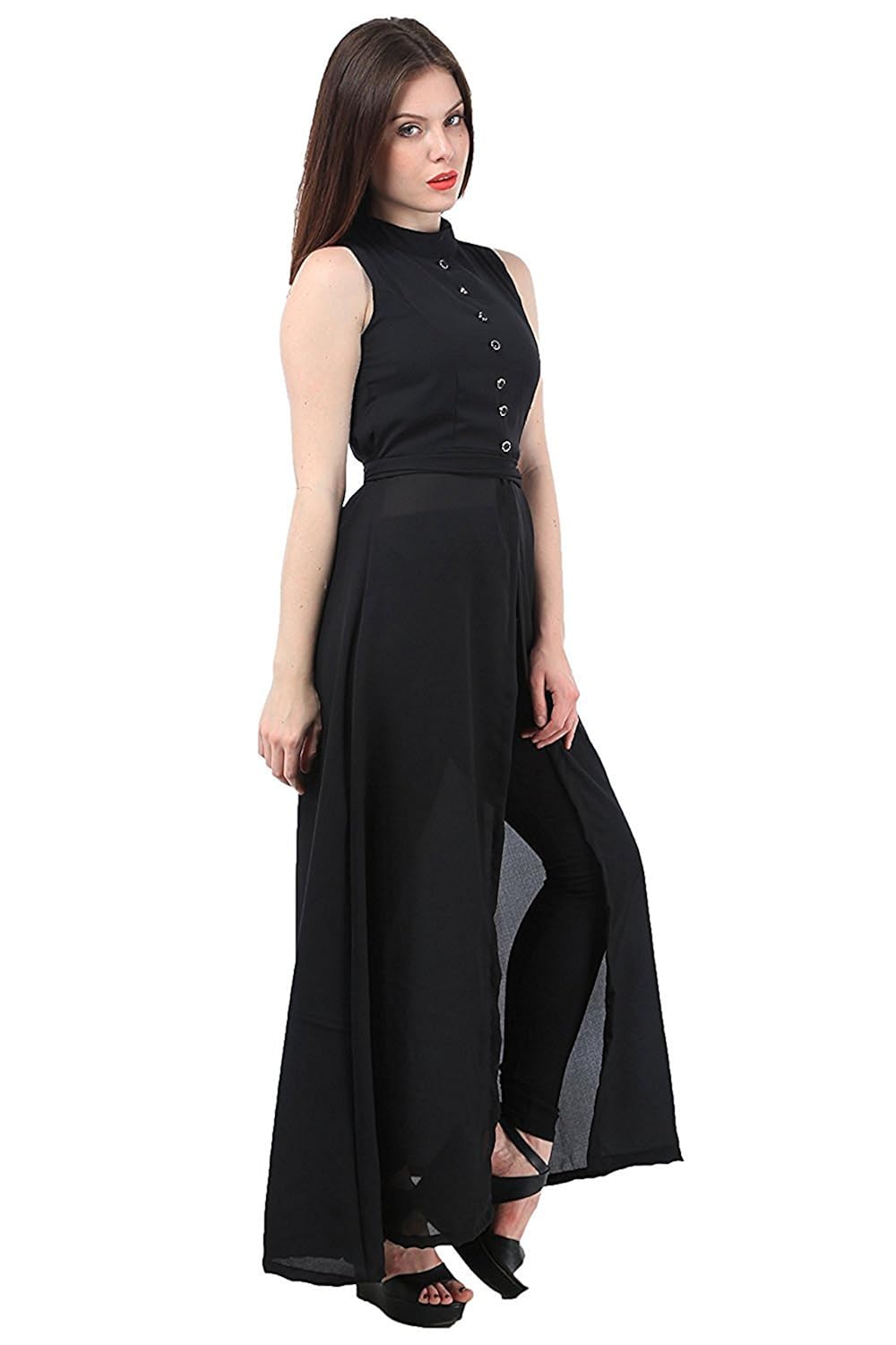 my swag women's georgette sleeveless high neck cape dress