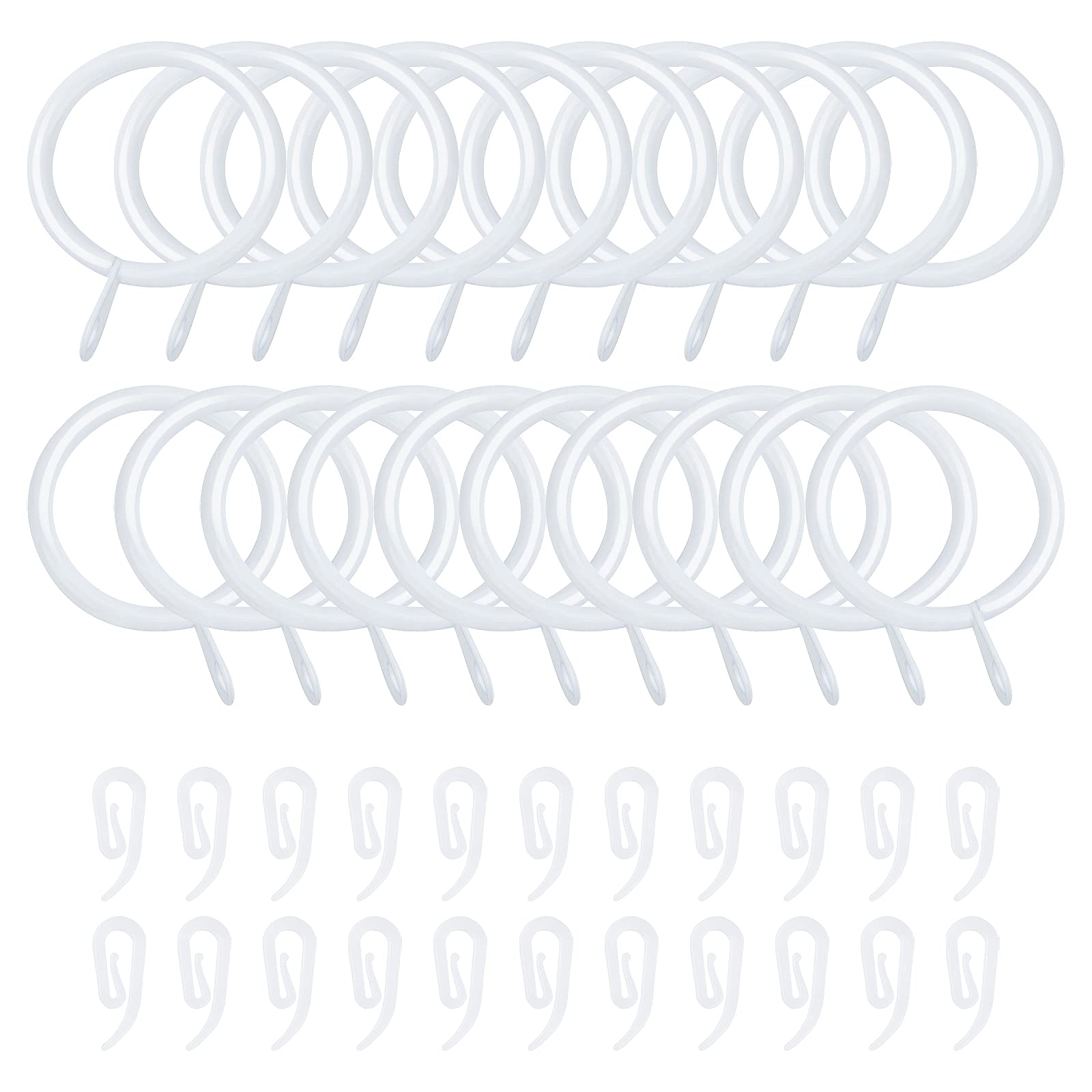 20 Pack Curtain Rings and Hooks, 30mm Metal Curtain Pole Rings with 22 Clips for Hanging Window and Shower Curtains(White)