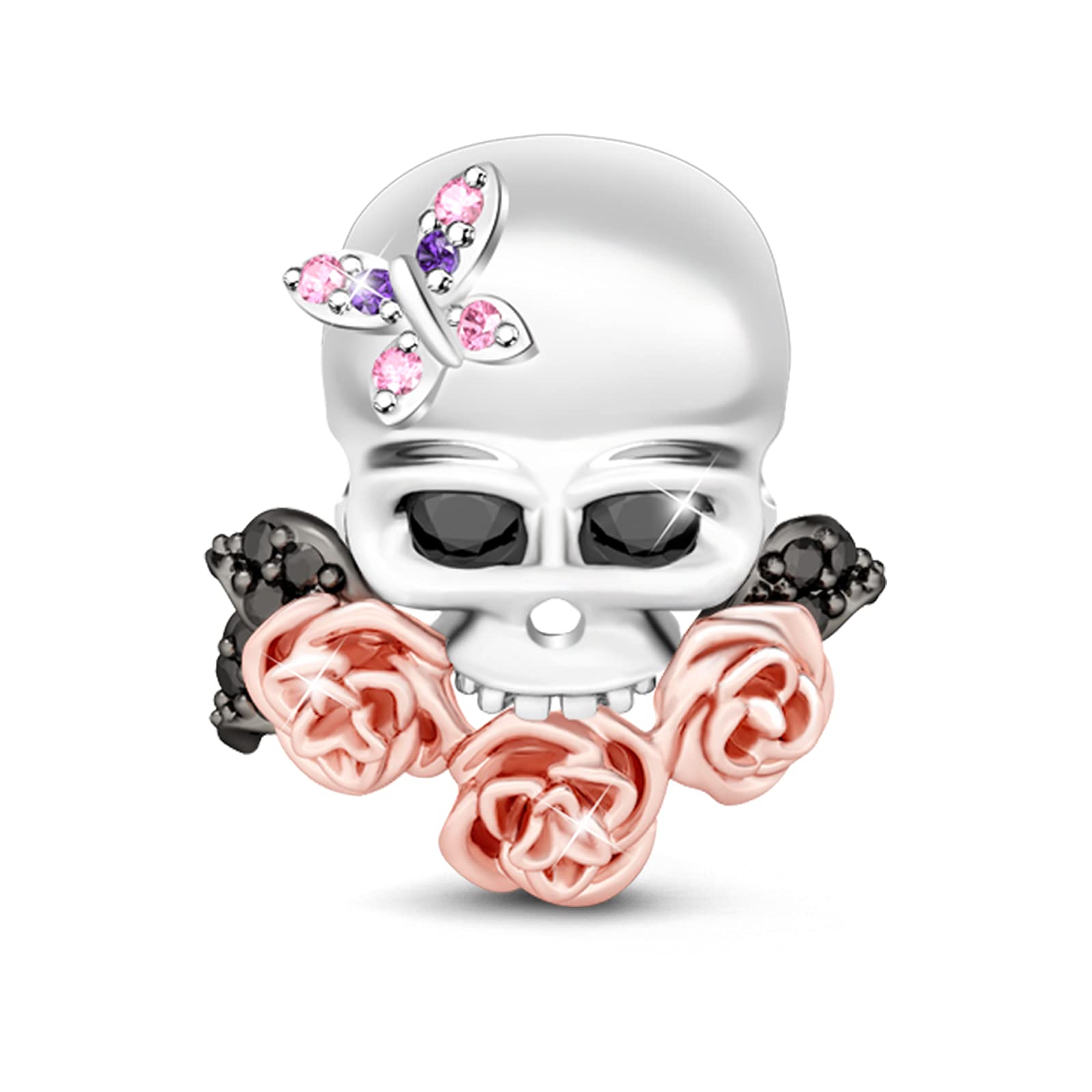 GNOCE 925 Sterling Silver Skull Charm Beads for Bracelets, US European Bracelet - Blooming Skull