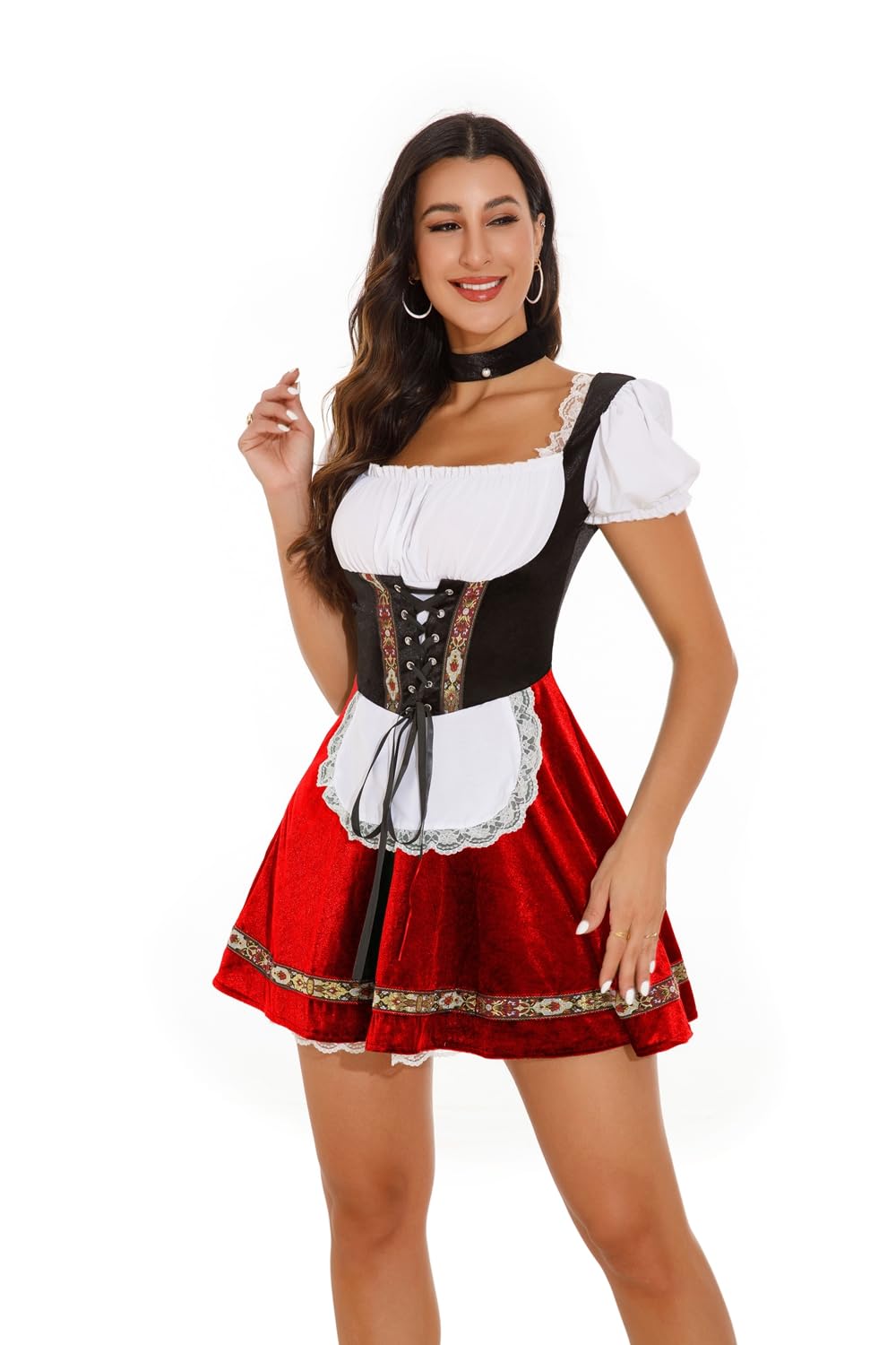 Photo 1 of Khanda Oktoberfest Outfits Women Traditional Dirndl Dresses Oktoberfest Costume for Bavarian Halloween Party (Red, XL-Large)