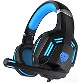 Gaming Headset for PS4, PC, Xbox One, PS5, for Nintendo Switch, Wired Over Ear Headphones with Stereo Surround Sound, Noise-Cancelling Microphone, LED Lights for Kids Adults, Black Blue
