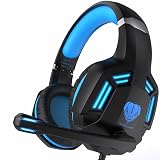 Gaming Headset for PS4, PC, Xbox One, PS5, for Nintendo Switch, Wired Over Ear Headphones with Stereo Surround Sound, Noise-Cancelling Microphone, LED Lights for Kids Adults, Black Blue