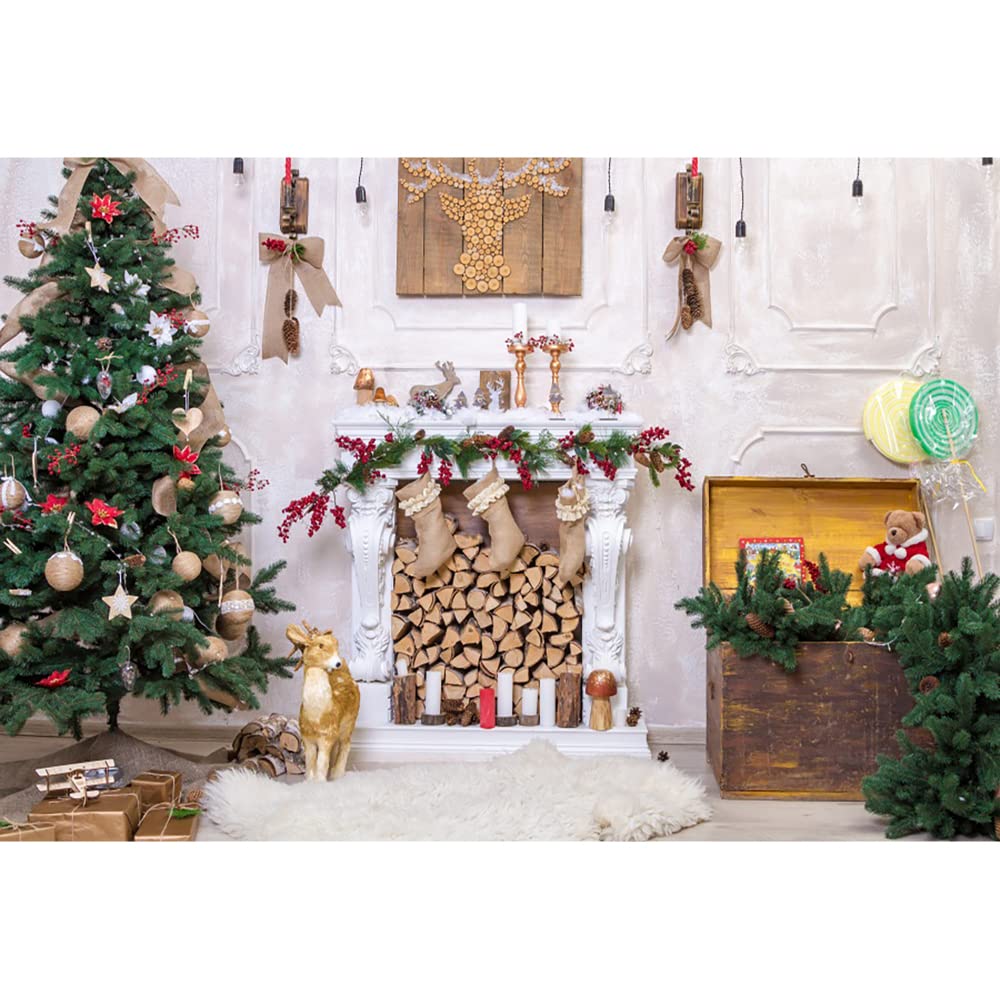 Aoihrraan 3x2m Christmas Fireplace Photography Backdrop Xmas Trees Socks Gifts Antlers Winter Interior Background New Year Festival Family Party Banner Supplies Kids Portrait Photo Studio Props