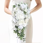 LCiclly 10 Inch White Rose Bouquets for Bride Spring Wedding Cascading Bridal Bouquet Ivory White Sage Green Artificial Silk Flower Winter Boho Rustic Ceremony Anniversary Decor Toss Bouquet