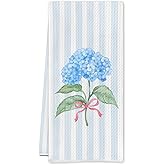 Cilrii Blue Hydrangea Kitchen Towels, Pink Bow Hydrangea Floral Dish Tea Towels for Kitchen Decor, Blue Striped Rustic Flower Botanical Decorative Hand Towel for Bathroom, 16x24 Inch