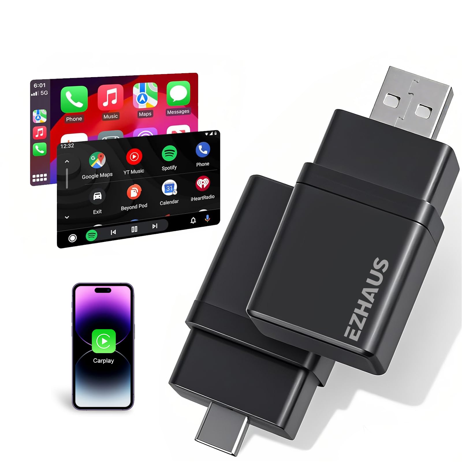 Photo 1 of EZHAUS Wireless CarPlay Adapter, 2025 Upgrade Plug and Play Mini Car Play Wireless Adapter, Dual Head USB & USB-C/Type-C Carplay Dongle for iPhone iOS 10+ and Above?Black?