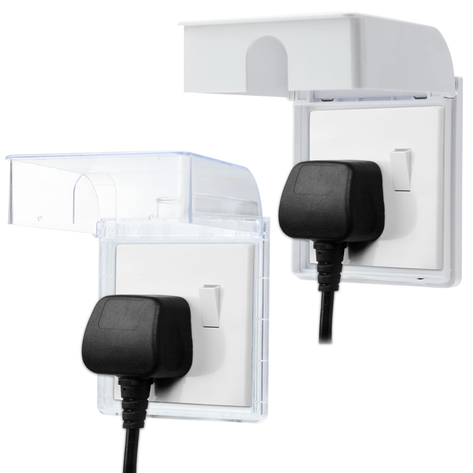 2PCS UK Socket Cover Box, Childproof Electrical Outlet & Plug Protector, Waterproof Splash Plugs Guard Covers, Light Switch Guard for Home Security Baby Proofing Safety (White + Transparent)