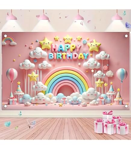 Blissyard Happy Birthday Backdrop Banner - 71x43 Inch Rainbow Cloud Design - View #11