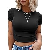 Ovanviso Women Crewneck Ribbed Short Sleeve Crop Tops Summer Y2K Slim Fit T-Shirts 2026