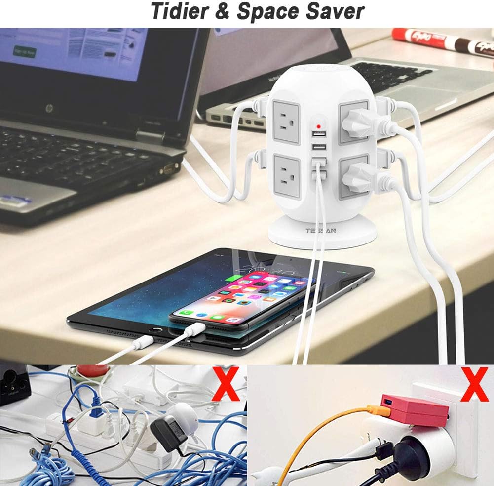 Power Strip Tower TESSAN Surge Protector 8 AC Outlets with 4 USB Ports Charging Station Long Extension Cord 10 Feet, Widely Spaced Multi Outlets, Circuit Breaker Safeguard for Home Office Dorm Room: Home Audio & Theater
