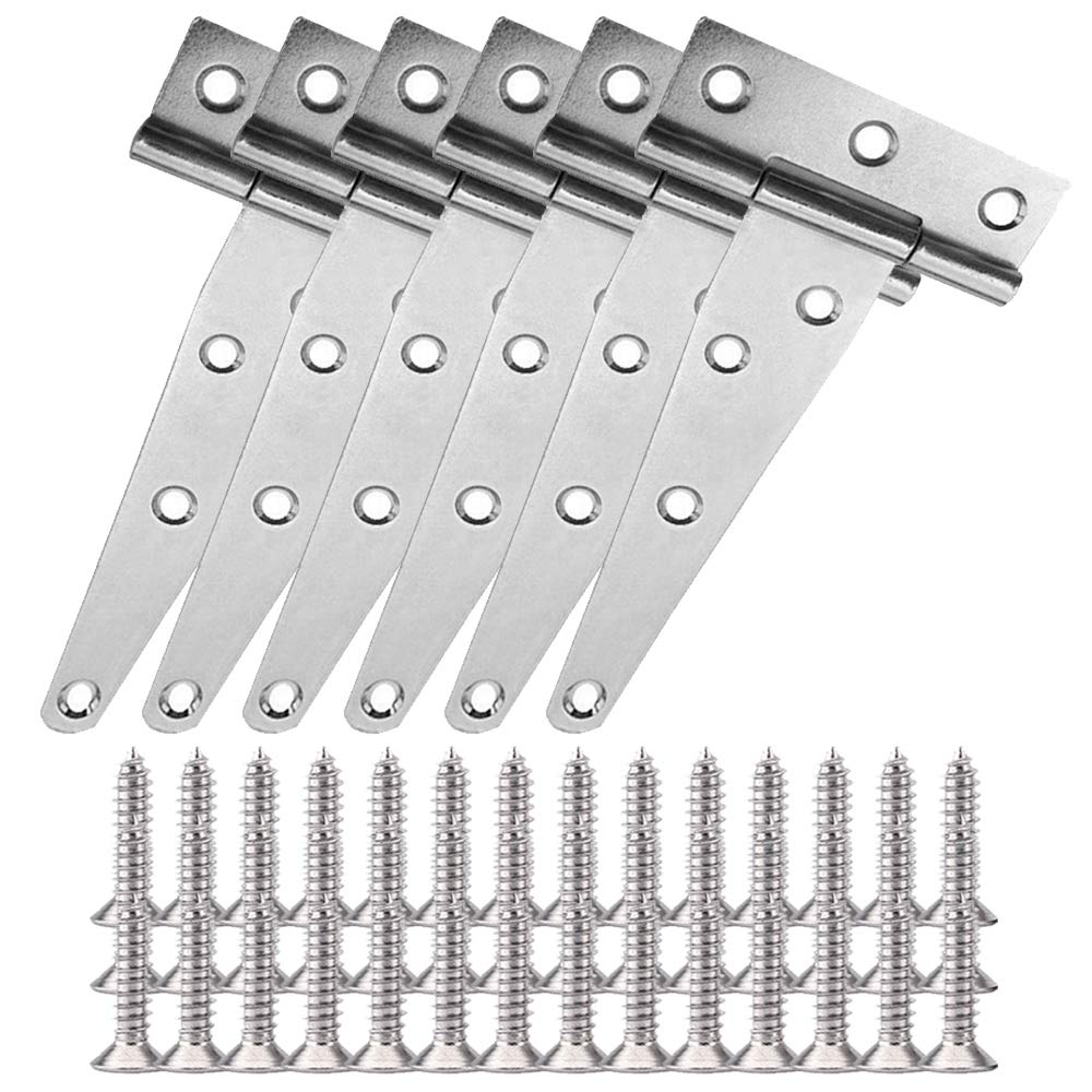YOFASEN T-Hinge - T-Strap Hinges White Zinc Gate Door Barn Gates Hinges for Windows, Fence, Sheds, 5 inch/6 Pcs