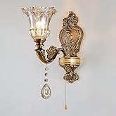 Aeyee Vintage Wall Sconce, Antique Brass Wall Light with Pull Chain On/Off Switch, Crystal Floral Bedside Wall Lamp for Entra