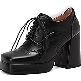 SHEMEE Multi-Colored Oxford Heels for Women Square Toe Chunky High Heels Platform Pumps Lace Up Derby Shoe Leisure Perforated Brogues Work Office Dress Shoes